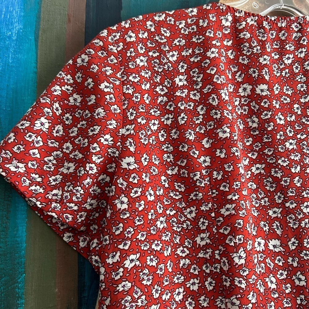 SHEIN Red Floral Tie Front Peplum Blouse Women’s Boho Cottagecore Crop Top - Picture 14 of 15